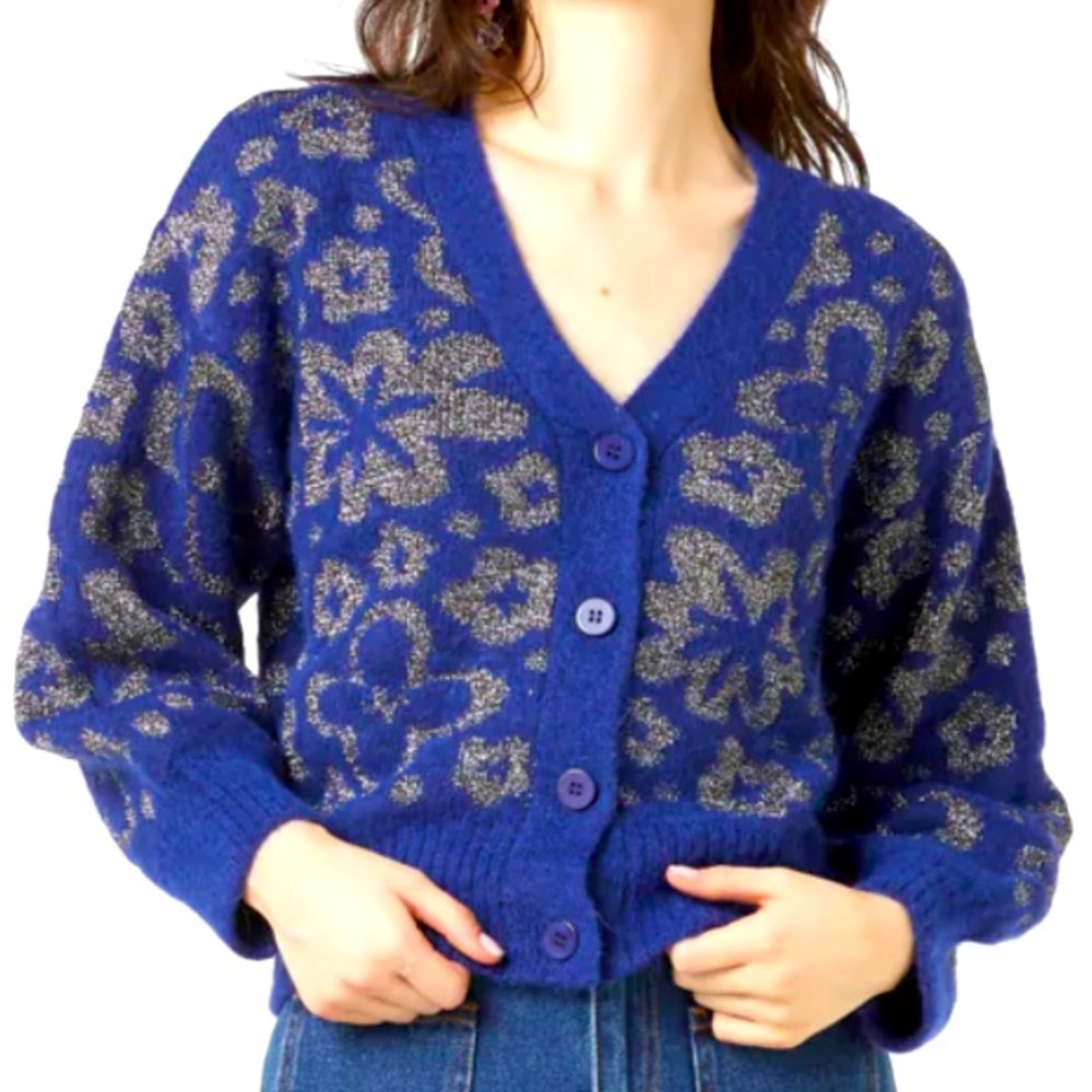 Gorman Alpacha Wool Floral Cardigan 12 Blue Silver Metallic Fuzzy Cozy Oversized